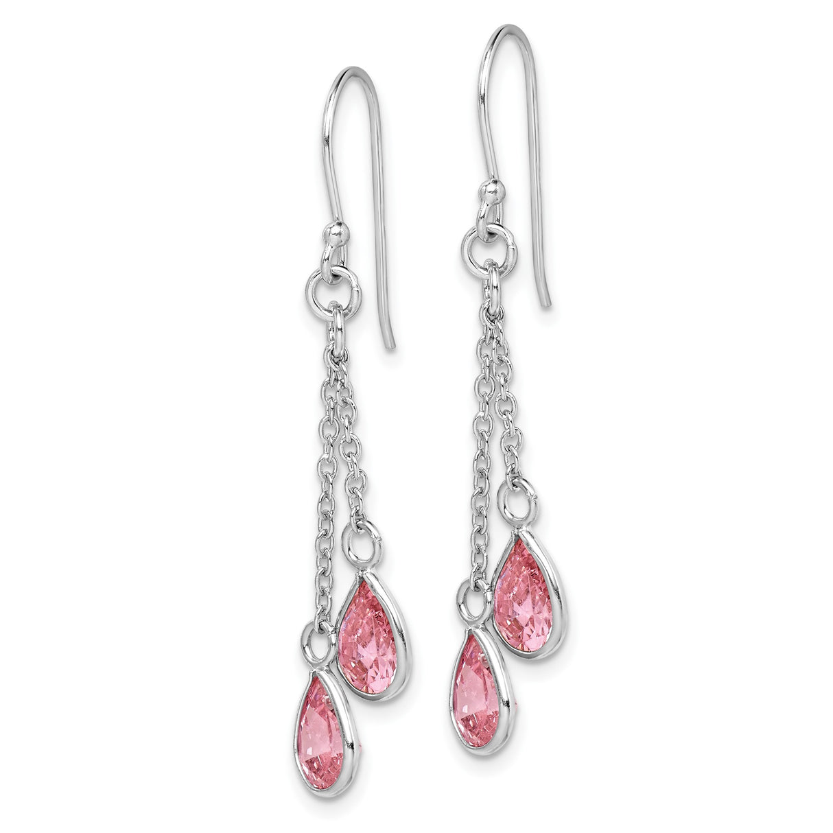 Sterling Silver Dangle Earrings with Pink Pear Shaped Cubic Zirconia on Chain Drops