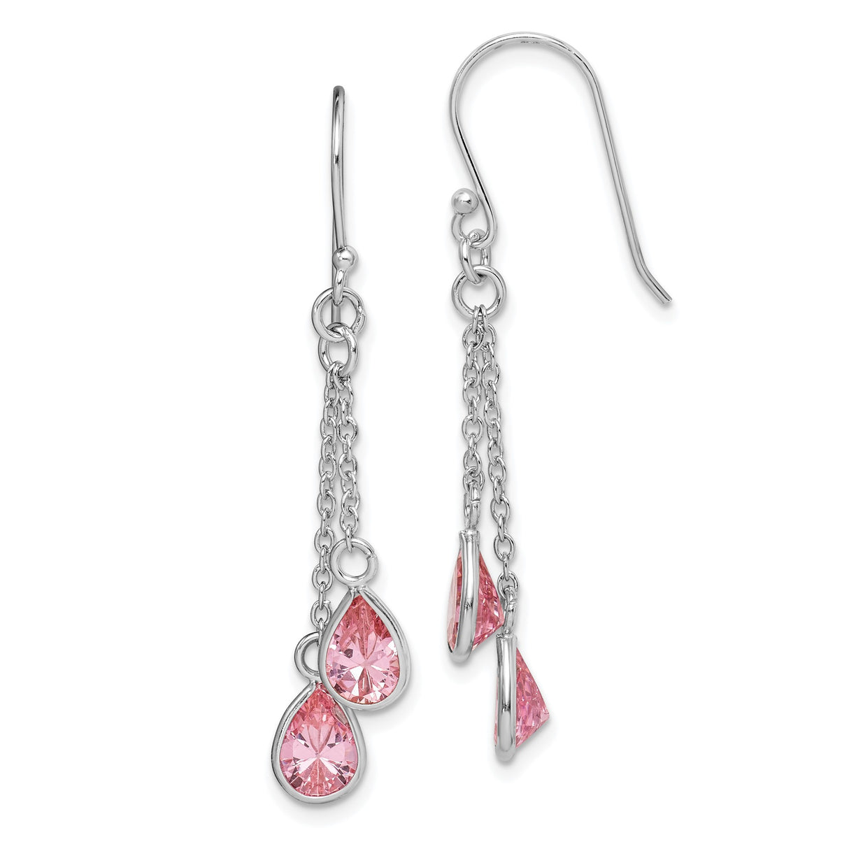 Sterling Silver Dangle Earrings with Pink Pear Shaped Cubic Zirconia on Chain Drops