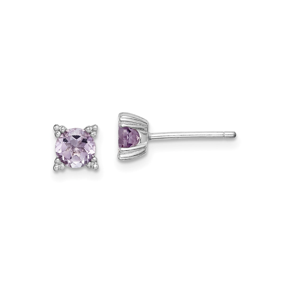 Sterling Silver Stud Earrings with Round Cut Amethyst in Four Prong Setting, Minimalist Design