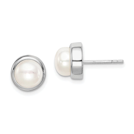Sterling Silver Stud Earrings with Round White Freshwater Cultured Pearls, Classic Bezel Setting for Women, Timeless Design for Formal or Daily Wear, Elegant Minimalist Silver Pearl Studs