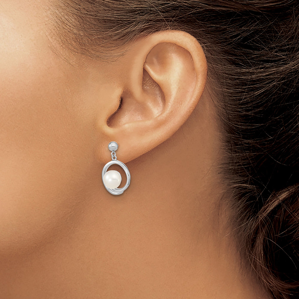 Sterling Silver Drop Earrings with Round White Cultured Freshwater Pearls, Swirl Design