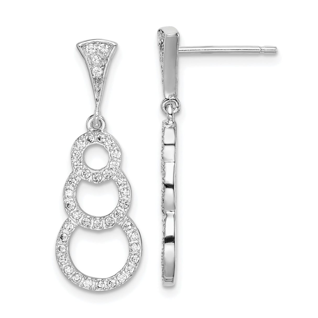Sterling Silver Dangle Earrings with Cubic Zirconia, Triple Interlocking Circle Design