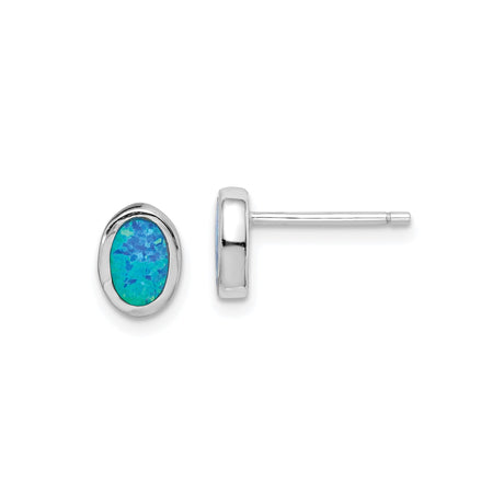Sterling Silver Oval Stud Earrings with Created Opal Inlay, Bezel Set Minimalist Design
