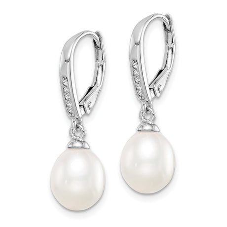 Sterling Silver Drop Earrings with White Freshwater Cultured Pearls and Cubic Zirconia