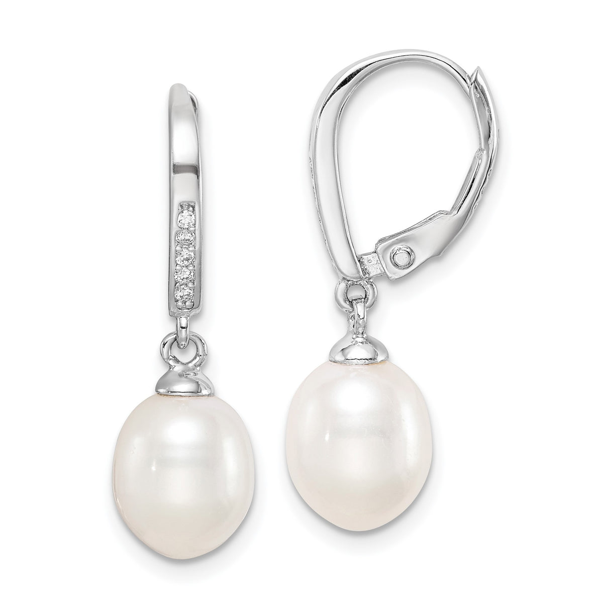 Sterling Silver Drop Earrings with White Freshwater Cultured Pearls and Cubic Zirconia