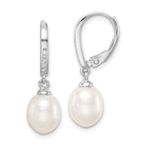 Sterling Silver Drop Earrings with White Freshwater Cultured Pearls and Cubic Zirconia