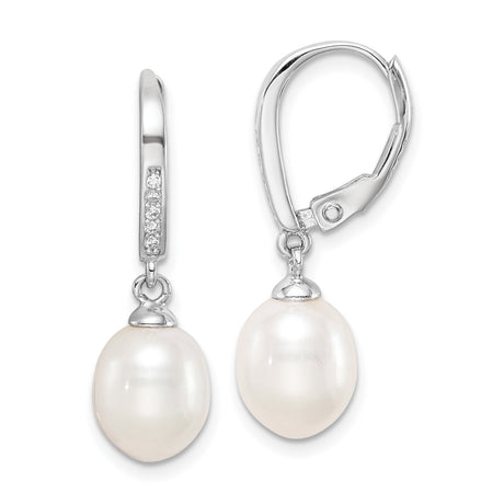 Sterling Silver Drop Earrings with White Freshwater Cultured Pearls and Cubic Zirconia
