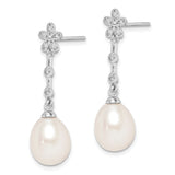 Sterling Silver Dangle Earrings with Freshwater Pearl and Cubic Zirconia, Floral Teardrop Design
