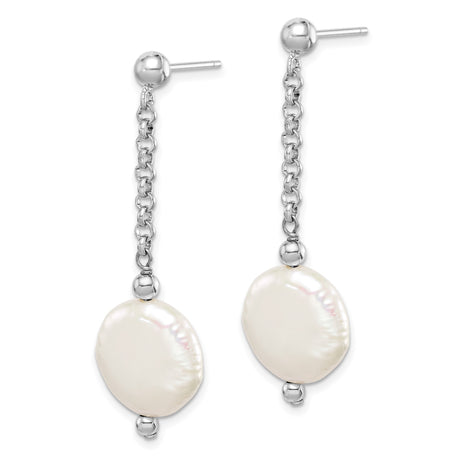 Sterling Silver Drop Earrings with Freshwater Coin Pearls, Long Chain Link Design