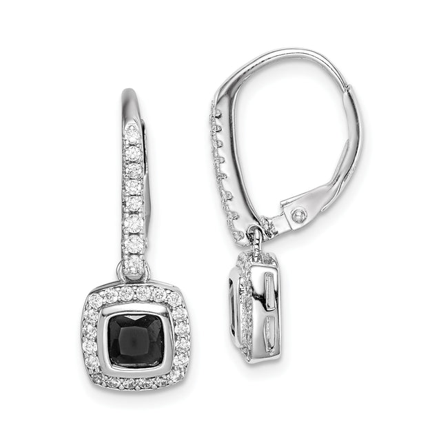 Sterling Silver Dangle Earrings with Cushion Cut Black Cubic Zirconia and Halo Accents