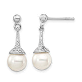 Sterling Silver Dangle Earrings with White Pearl Drops and Cubic Zirconia Accents