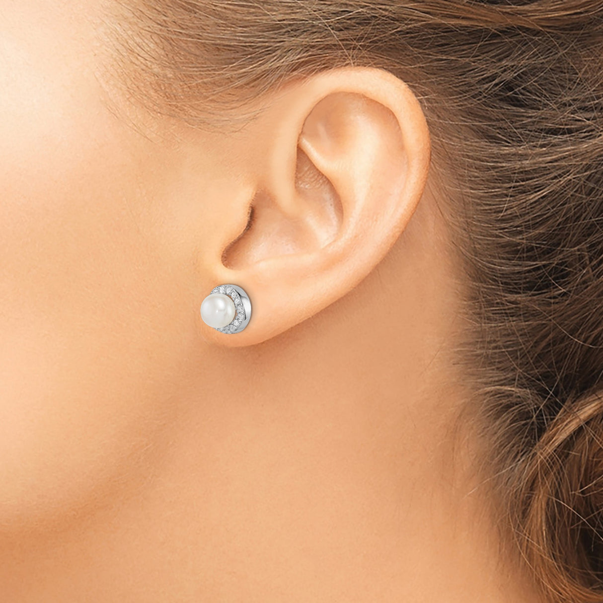 Sterling Silver Stud Earrings with Round White Cultured Pearl and Cubic Zirconia Halo