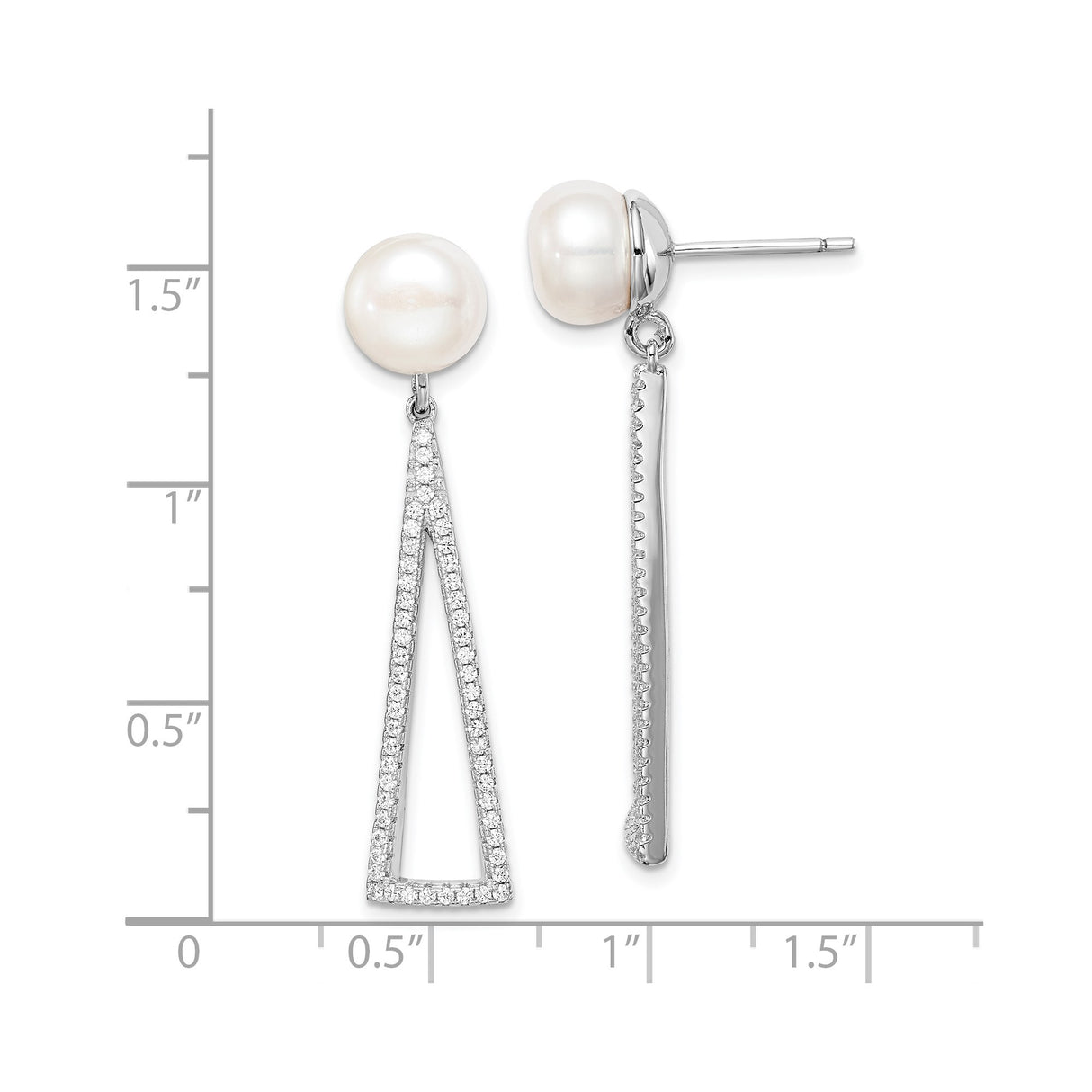 Sterling Silver Drop Earrings with Freshwater Pearls and Cubic Zirconia, Open Triangle Design