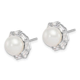 Sterling Silver Pearl Stud Earrings Floral Halo CZ Baguette