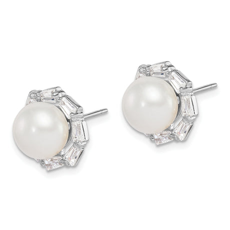 Sterling Silver Pearl Stud Earrings Floral Halo CZ Baguette