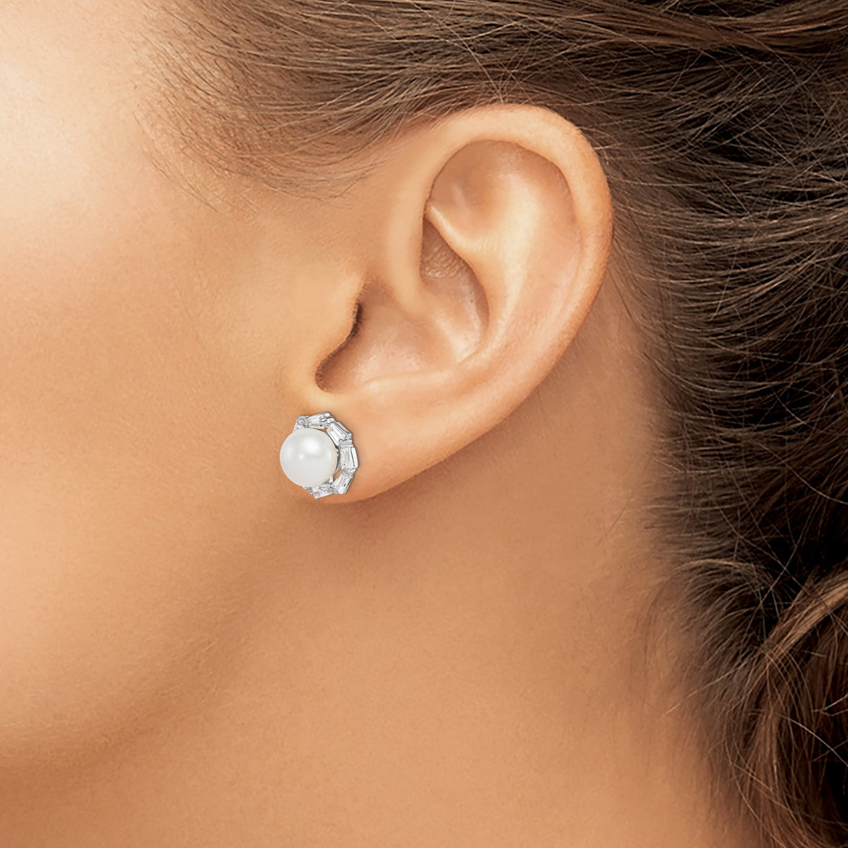 Sterling Silver Pearl Stud Earrings Floral Halo CZ Baguette
