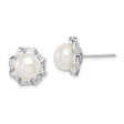 Sterling Silver White Pearl Stud Earrings for Women with Floral Halo Design and CZ Baguette Accents, Elegant Bridal Jewelry for Weddings, Anniversaries, Formal Events, or Daily Wear
