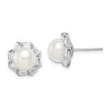 Sterling Silver White Pearl Stud Earrings for Women with Floral Halo Design and CZ Baguette Accents, Elegant Bridal Jewelry for Weddings, Anniversaries, Formal Events, or Daily Wear