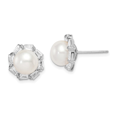 Sterling Silver White Pearl Stud Earrings for Women with Floral Halo Design and CZ Baguette Accents, Elegant Bridal Jewelry for Weddings, Anniversaries, Formal Events, or Daily Wear