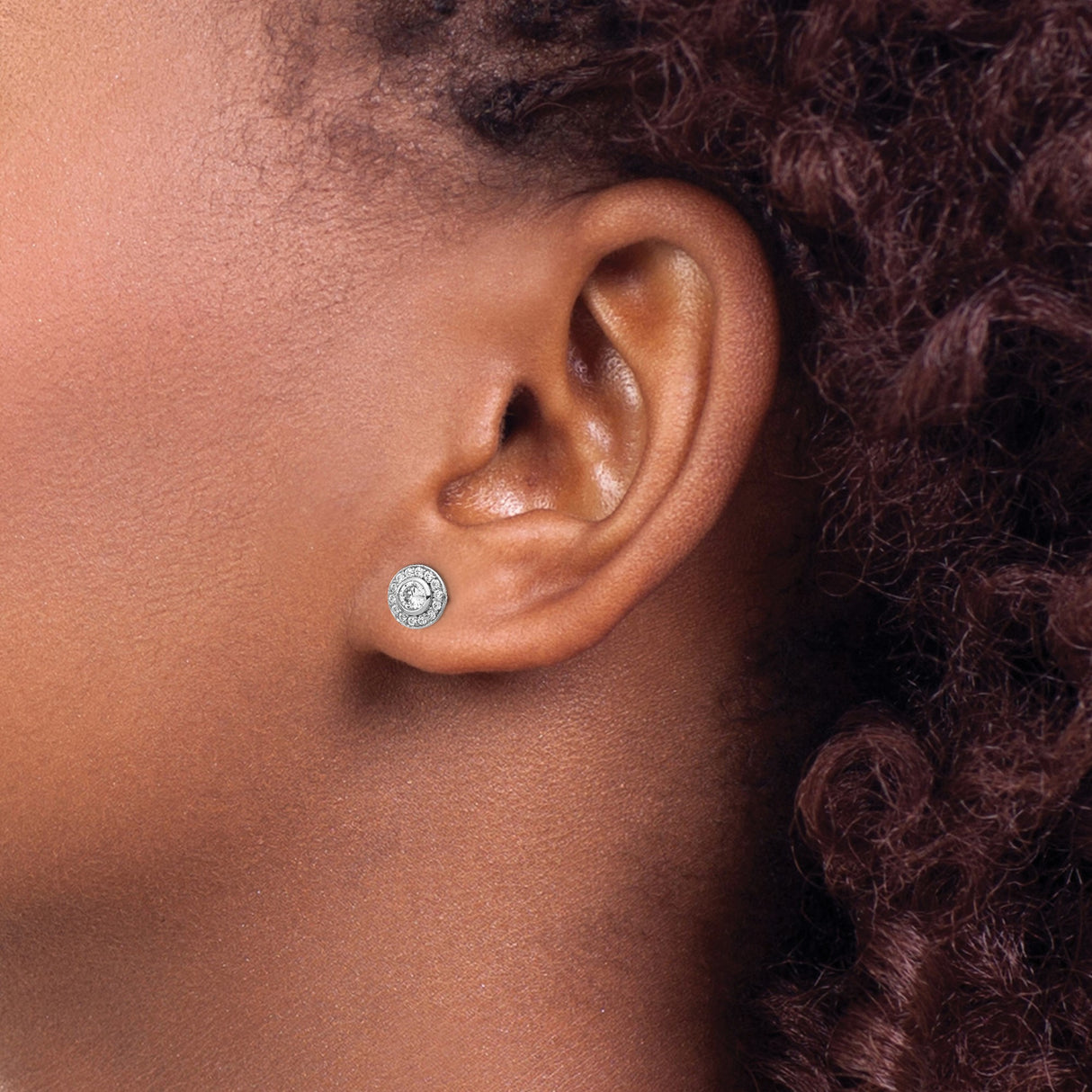 Sterling Silver Stud Earrings with Mother of Pearl Center, Cubic Zirconia Halo, Reversible Design