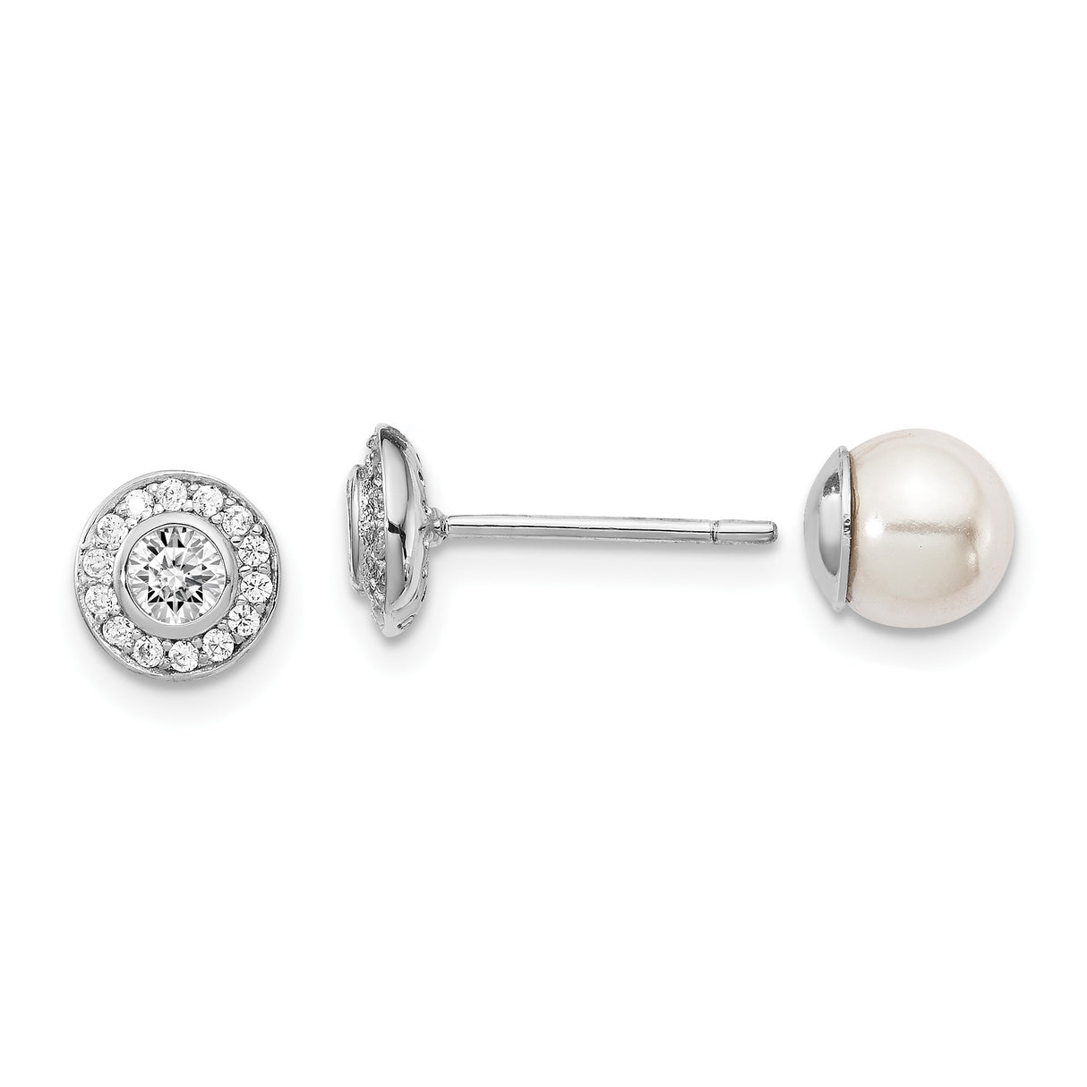 Sterling Silver Stud Earrings with Mother of Pearl Center, Cubic Zirconia Halo, Reversible Design