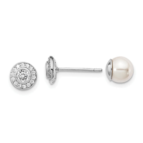 Sterling Silver Stud Earrings with Mother of Pearl Center, Cubic Zirconia Halo, Reversible Design