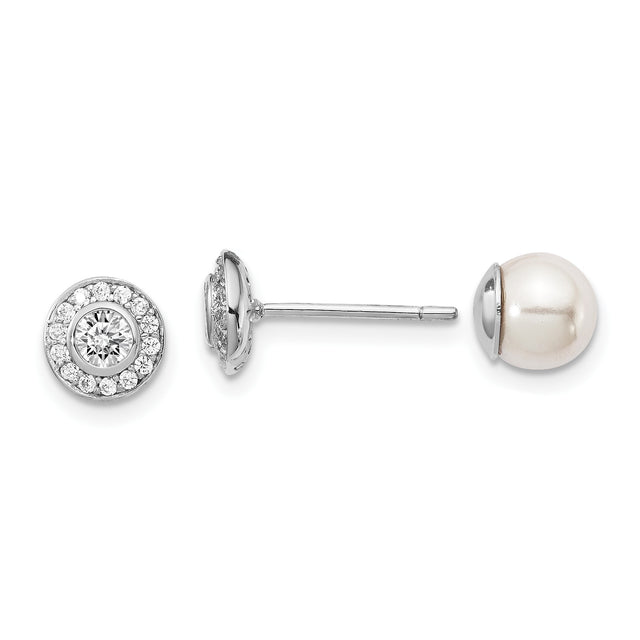Sterling Silver Stud Earrings with Mother of Pearl Center, Cubic Zirconia Halo, Reversible Design