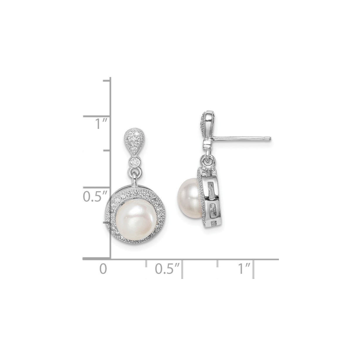 Sterling Silver Drop Earrings with White Freshwater Cultured Pearls and Cubic Zirconia Pavé