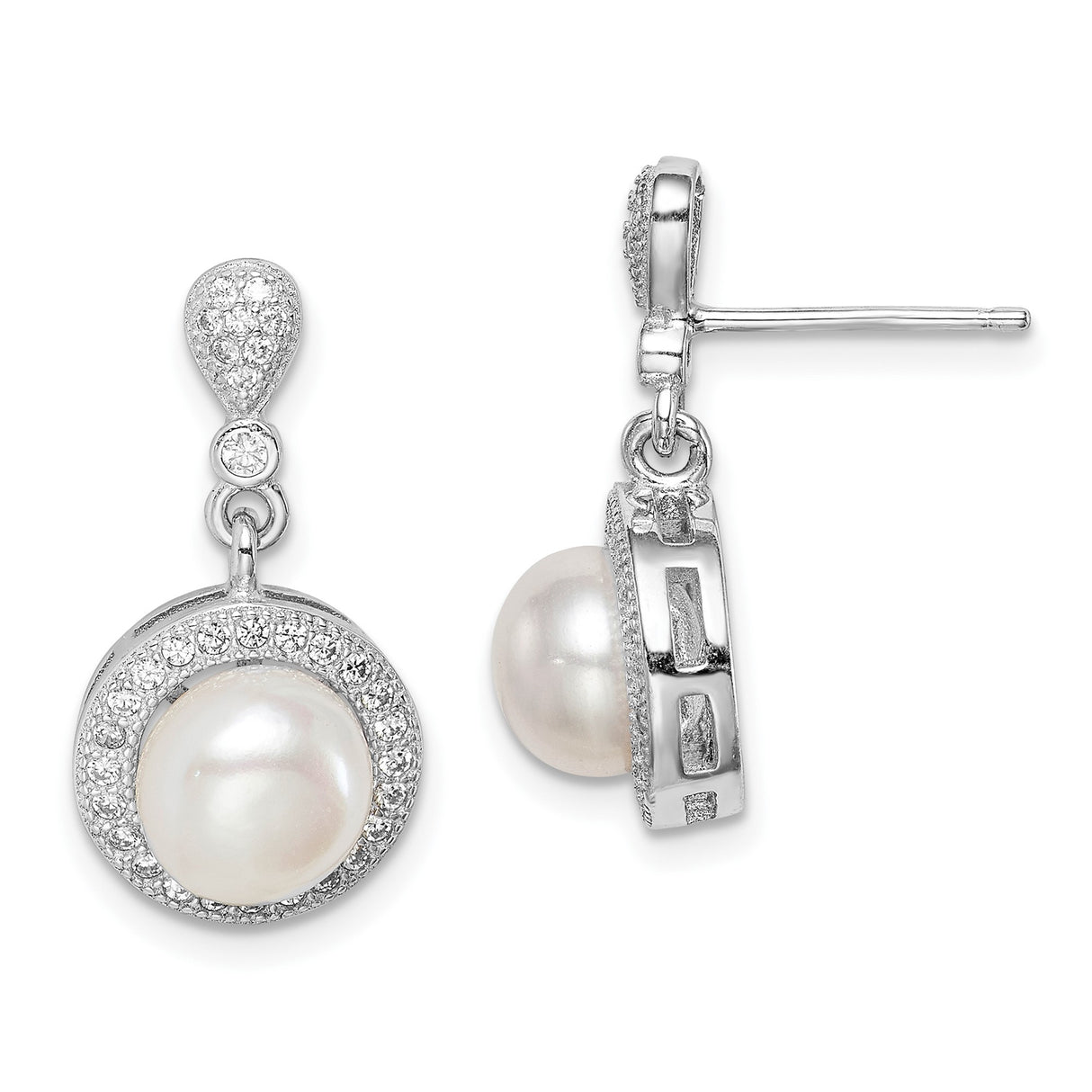 Sterling Silver Drop Earrings with White Freshwater Cultured Pearls and Cubic Zirconia Pavé