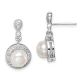 Sterling Silver Drop Earrings with White Freshwater Cultured Pearls and Cubic Zirconia Pavé