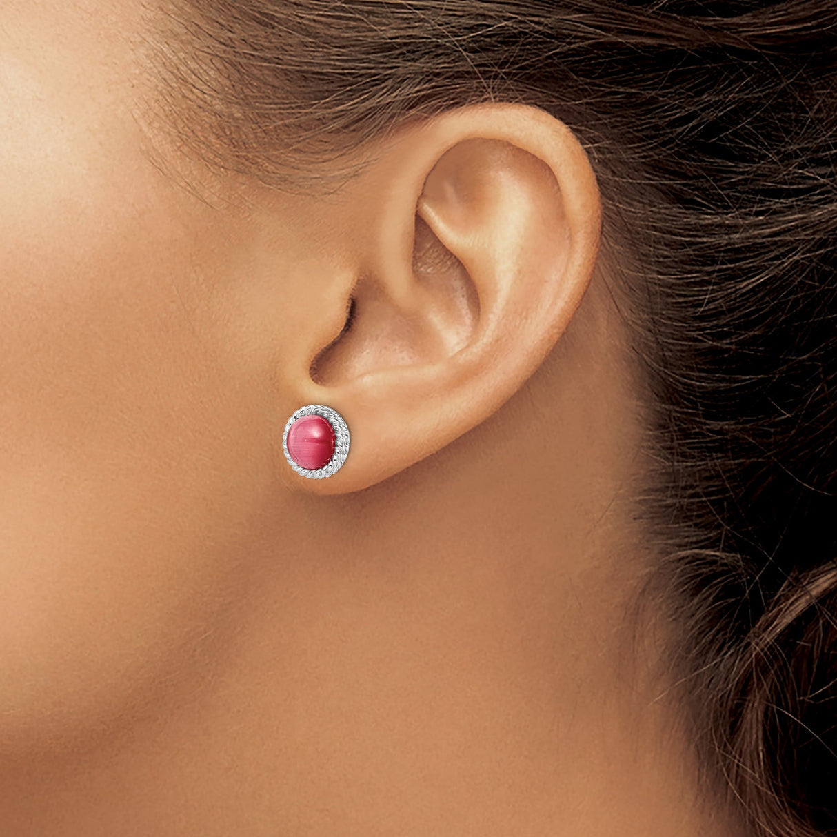 Sterling Silver Stud Earrings with Round Pink Cats Eye Cabochon in Twisted Rope Bezel Setting