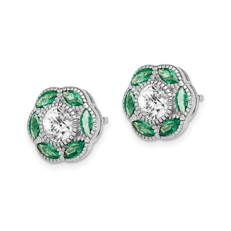 Sterling Silver Floral Stud Earrings with Spinel and Cubic Zirconia, Vintage Design