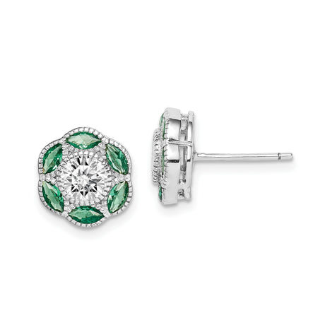 Sterling Silver Floral Stud Earrings with Spinel and Cubic Zirconia, Vintage Design