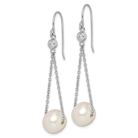 Sterling Silver Dangle Earrings with Freshwater Cultured Pearls and Cubic Zirconia, Long Drop Design