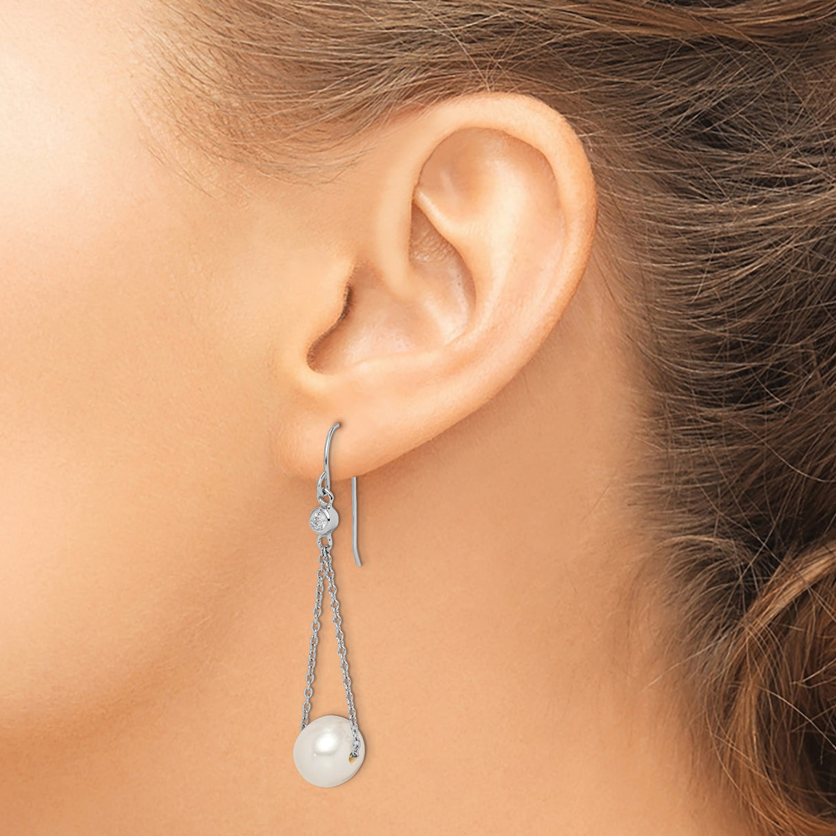 Sterling Silver Dangle Earrings with Freshwater Cultured Pearls and Cubic Zirconia, Long Drop Design
