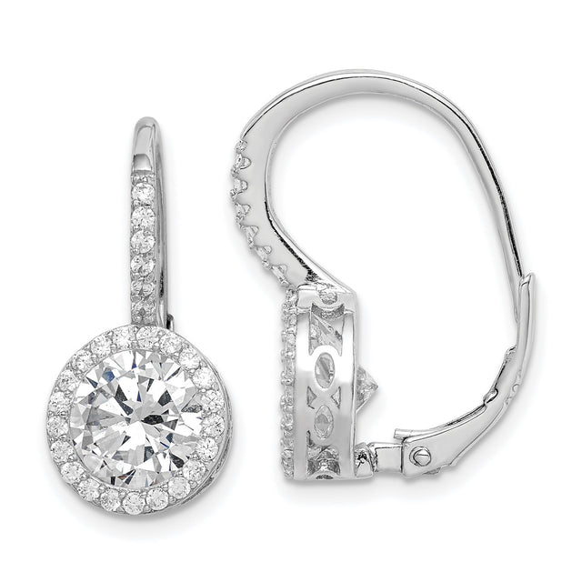 Sterling Silver Leverback Earrings with Cubic Zirconia, Round Halo Drop Design