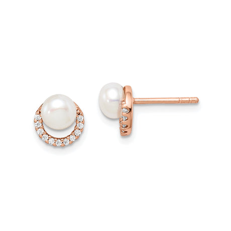 Sterling Silver Rose Gold Plated Stud Earrings with White Pearls and Cubic Zirconia