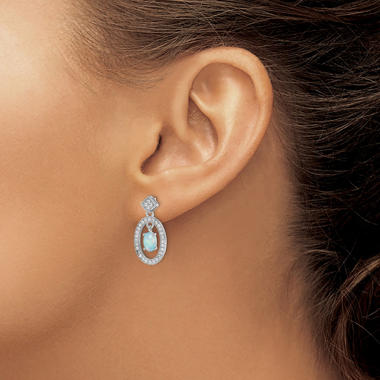 Sterling Silver Dangle Earrings with Created Opal and Cubic Zirconia, Oval Halo Design