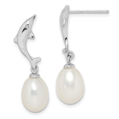 Sterling Silver Dolphin Drop Earrings with Freshwater Pearl and Clear Stone Accent
