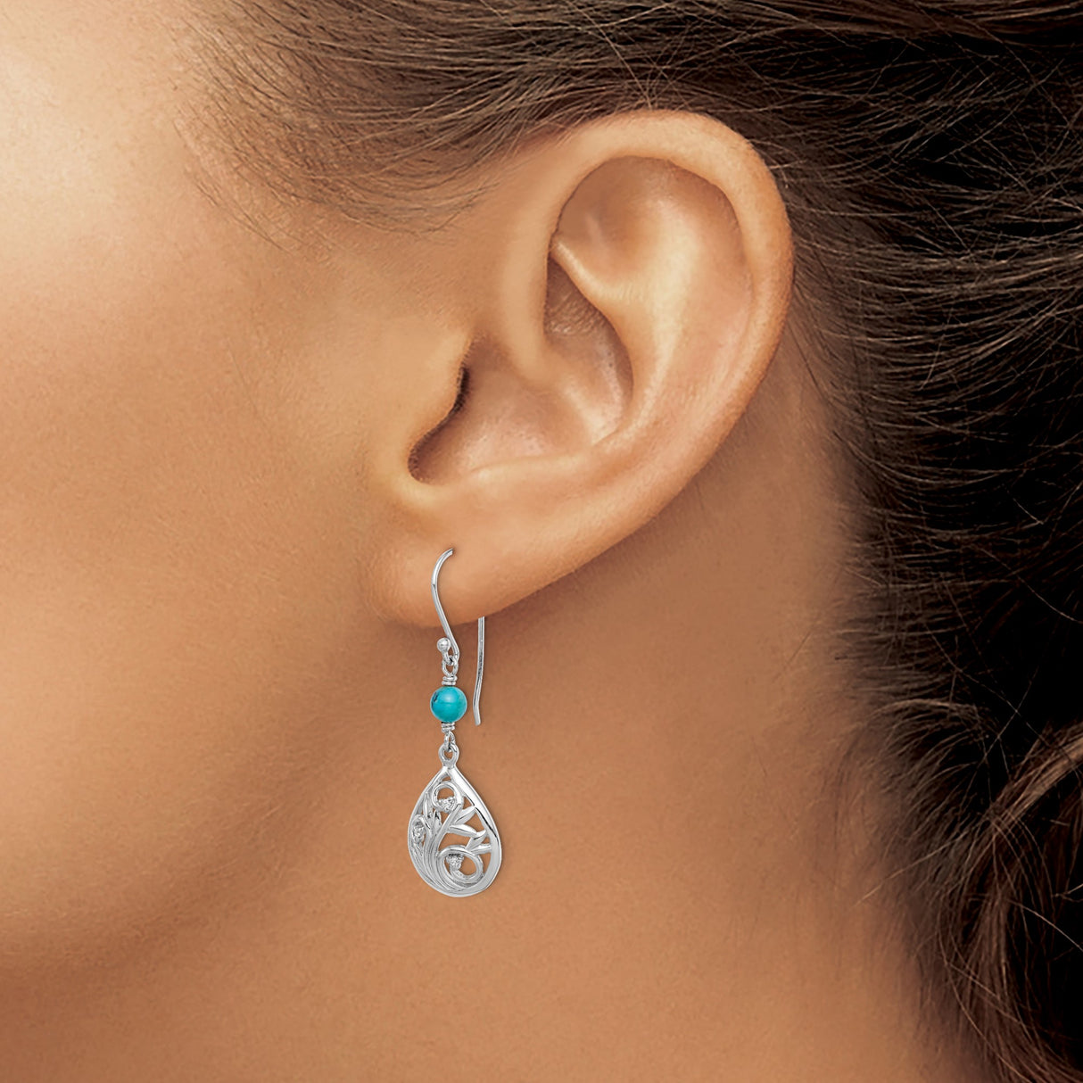Sterling Silver Drop Earrings with Reconstructed Turquoise, Floral Filigree, Vine Motif