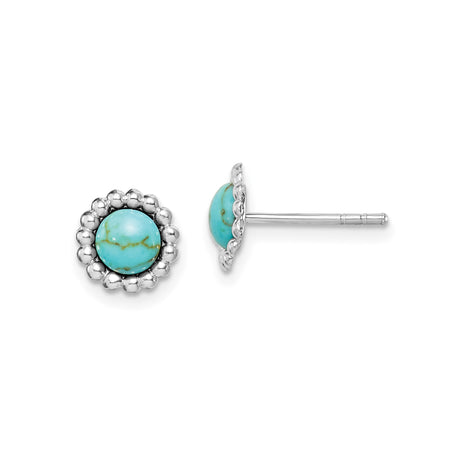 Sterling Silver Turquoise Stud Earrings for Women with Round Cabochon Stone, Beaded Floral Border, Boho Southwest Design, Artisan Vintage Style, Healing Gemstone Everyday Casual Bohemian Studs