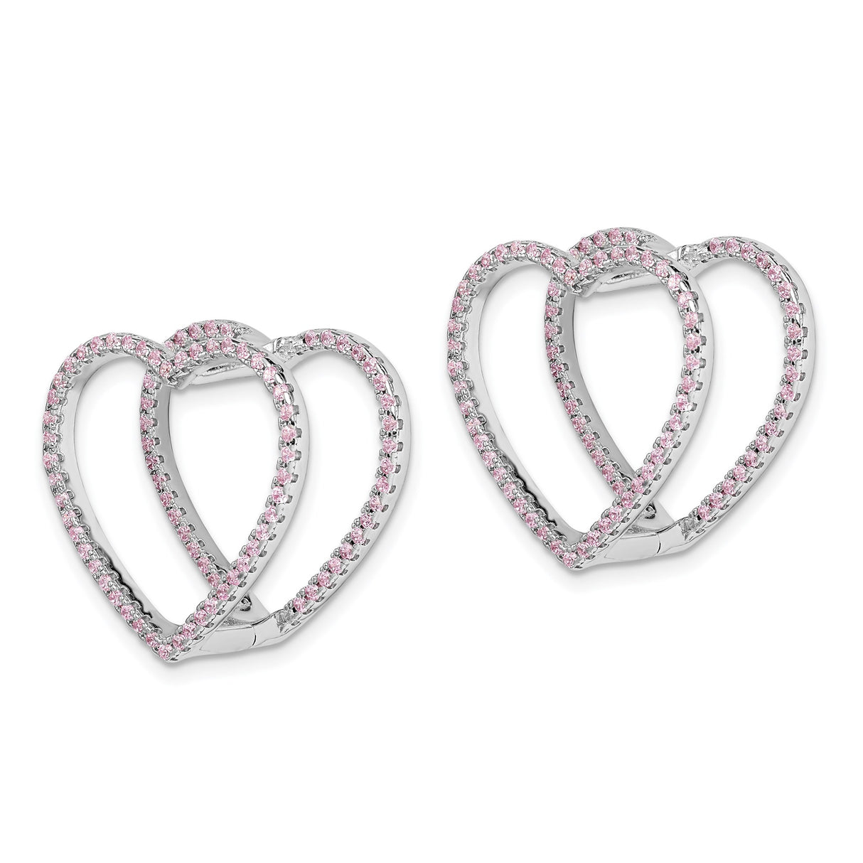 Sterling Silver Heart Hoop Earrings with Pink Cubic Zirconia and Double Open-Heart Design
