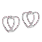 Sterling Silver Heart Hoop Earrings with Pink Cubic Zirconia and Double Open-Heart Design