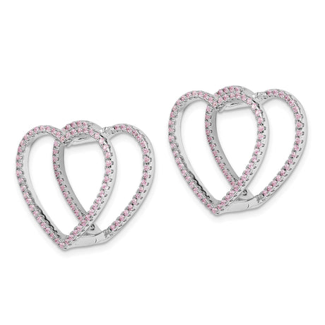 Sterling Silver Heart Hoop Earrings with Pink Cubic Zirconia and Double Open-Heart Design