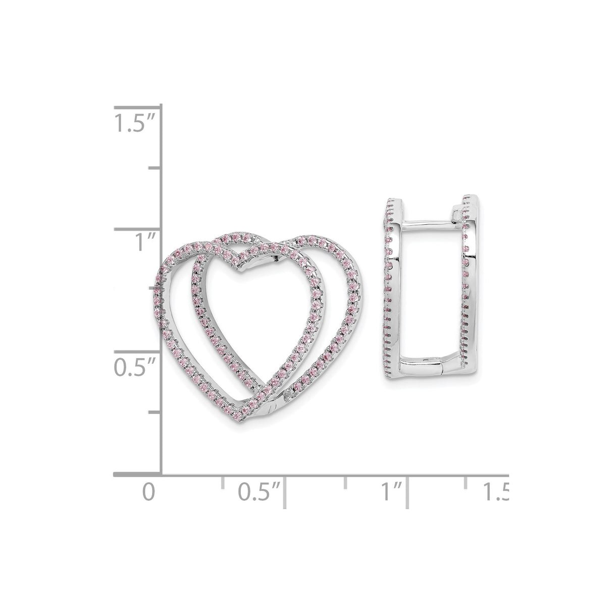 Sterling Silver Heart Hoop Earrings with Pink Cubic Zirconia and Double Open-Heart Design