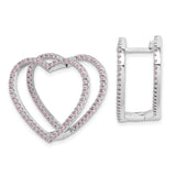 Sterling Silver Heart Hoop Earrings with Pink Cubic Zirconia and Double Open-Heart Design