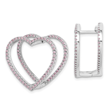 Sterling Silver Heart Hoop Earrings with Pink Cubic Zirconia and Double Open-Heart Design