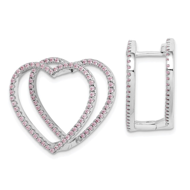 Sterling Silver Heart Hoop Earrings with Pink Cubic Zirconia and Double Open-Heart Design