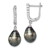 Sterling Silver Dangle Earrings with Black Tahitian Pearls and Cubic Zirconia Accents
