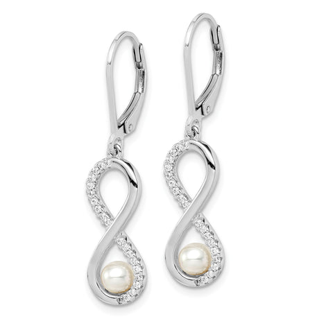 Sterling Silver Dangle Earrings with White Pearl and Cubic Zirconia, Infinity Leverback Design